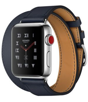 Apple Watch Hermes 38mm Series 3 GPS + Cellular Stainless Steel Case with Indigo Swift Leather Double Tour (MQMM2)