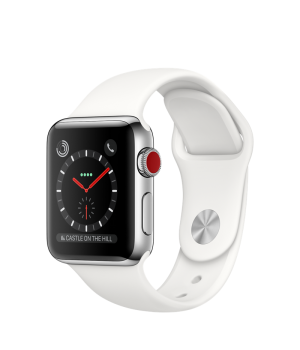 Apple Watch 38mm Series 3 GPS + Cellular Stainless Steel Case with Soft White Sport Band (MQLV2)